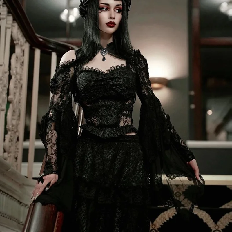 Gothic Style Dark Waistcoat Bell Sleeve Lace Top Women's Round Neck Off-Shoulder Gem Blouse