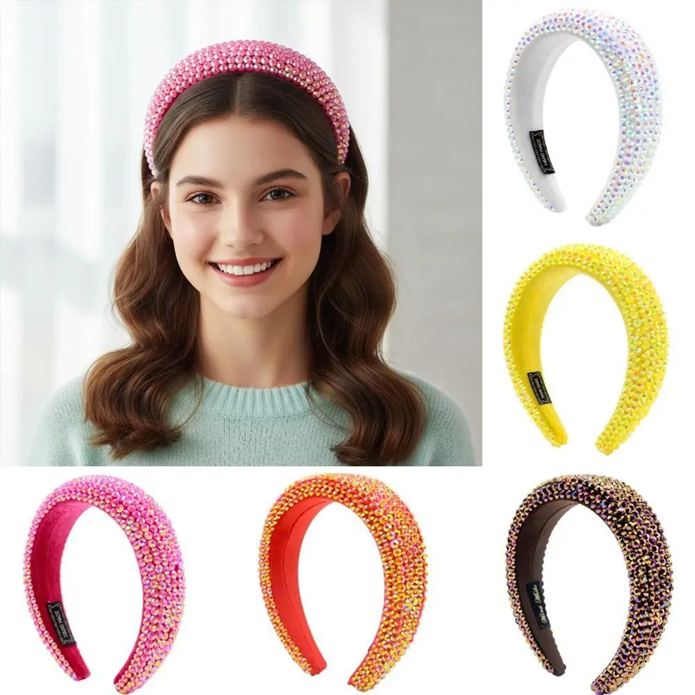 

Candy Colors Wide Brim Full Rhinestone Headband Padded Design Shiny Women Head Hoop Thickened Handmade Baroque Headdress Travel