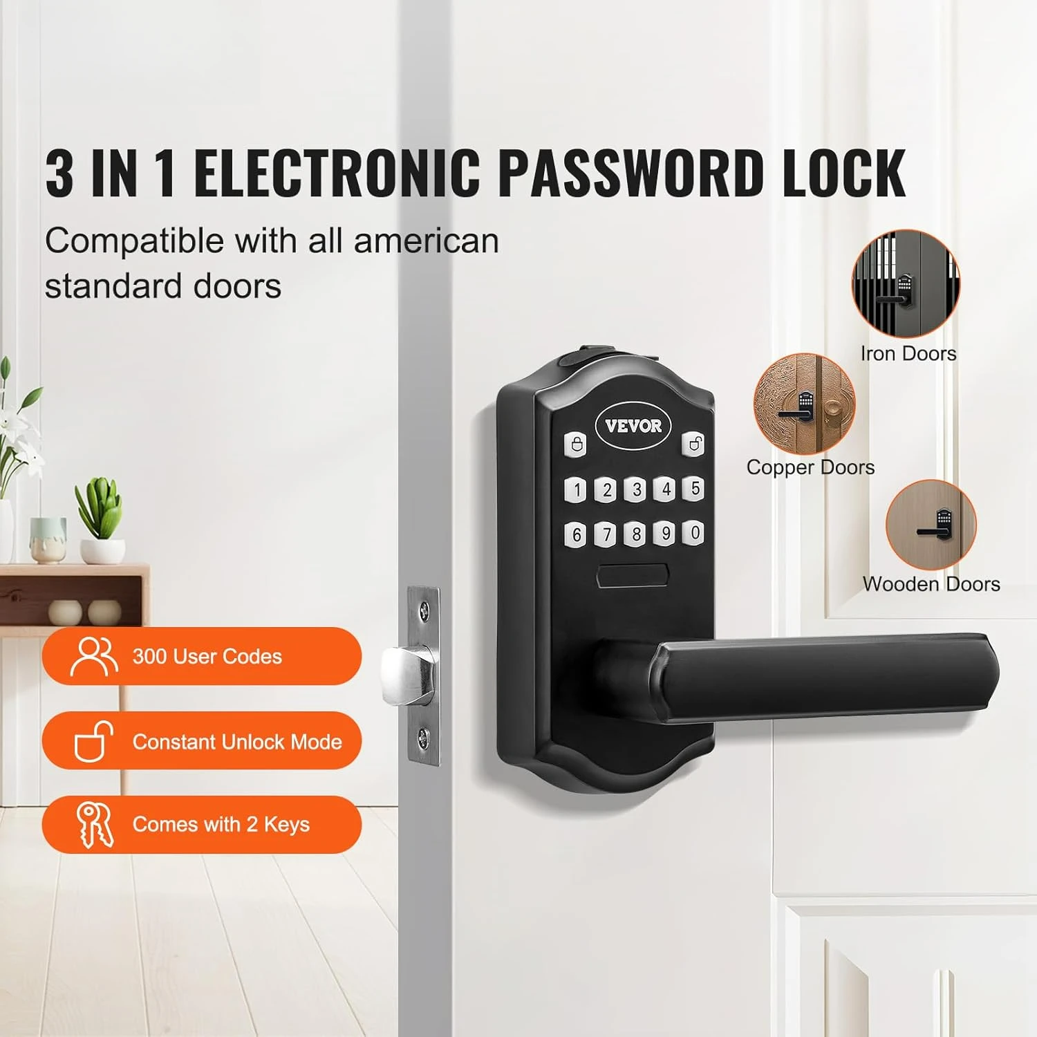 Keyless Entry Door Lock, Electronic Keypad Entry Lever, Password and Key Unlock Combination Door Lock.