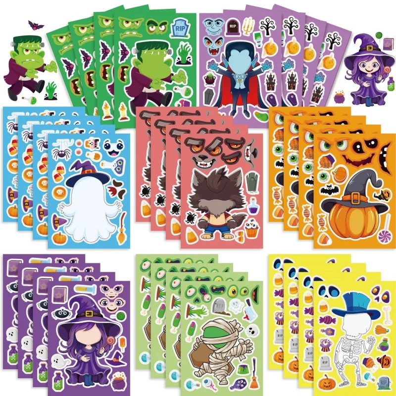 Halloween Party Games Stickers for Kids Make A Pumpkin/Skeleton/Ghost/Witch/Zombie/Mummy Face Stickers Children Party Gifts Toys