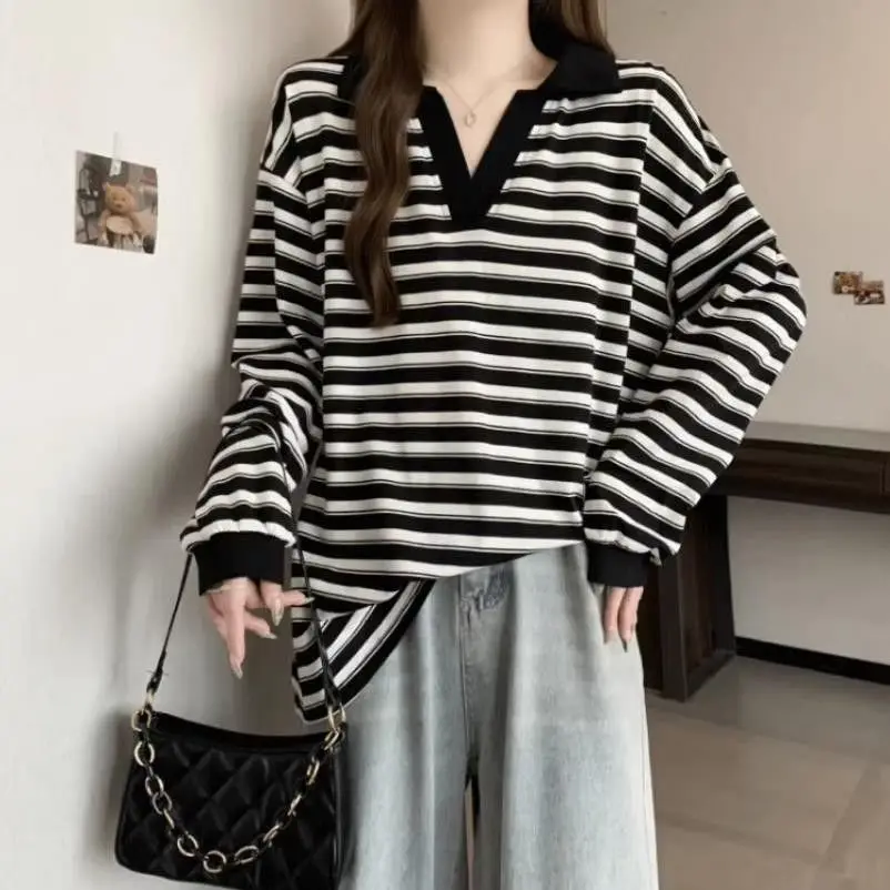 Oversized Women Clothing 2024 Autumn New Striped Long Sleeve Sweatshirts Female Casual Loose Turn-down Collar Patchwork T-Shirts