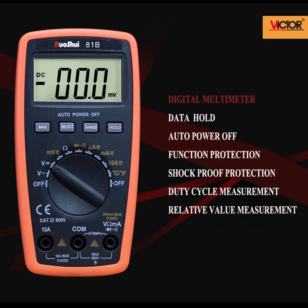 RuoShui 81B Digital Multimeter Auto Range Mini Design Comfortable Measure Resistance Current Voltage Temperature Pocket Ammeter