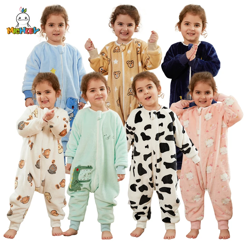 MICHLEY-Saco de dormir de flanela de vaca fofa para crianças, manga comprida, cobertor wearable, pijama para meninos e meninas, inverno, 1-6t