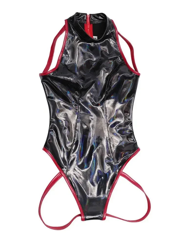 أكمام لامعة فو بولي Leather الجلود ارتداءها الليزر نظرة الرطب PVC Catsuit الجوارب تأثيري تانك الجسم الدمى الساخن مثير ملابس السباحة Sukumizu