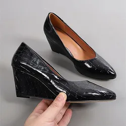 Sexy Silver Gold Wedge Heels Women Fashion Crocodile Print Design PU Leather Light Mules Office Shoes Ladies Pointed Toe Pumps