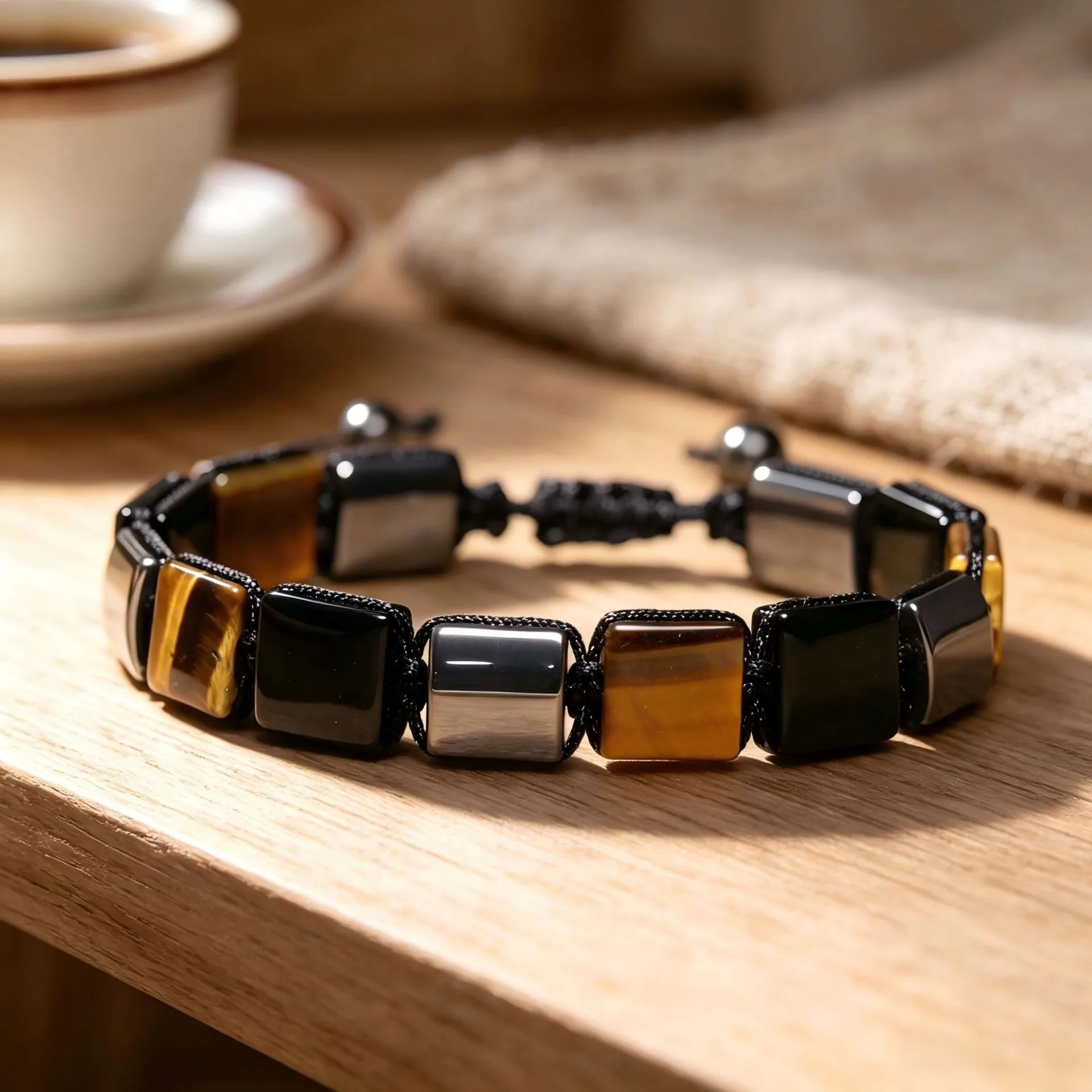 Modisches Armband aus Naturstein mit quadratischen, geflochtenen Perlen, Tigerauge, Hämatit, verstellbar, Vintage-Armband, Schmuck, Großhandel