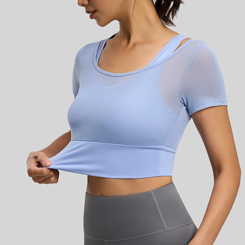 2026 New Women Sexy Mesh Short Sleeve Yoga Top Naked Feeling High Stretch Sports T-Shirt with Fixed Built-in Pads for Running