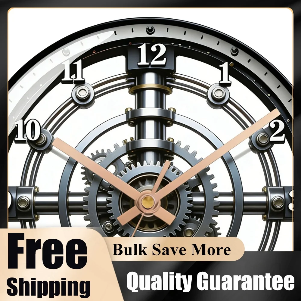 12 Inch Silent Battery Operated Clock with HD Glass Dial Wall-Mount Gear Mechanical Dial Quartz Movement for Housewarming Gifts