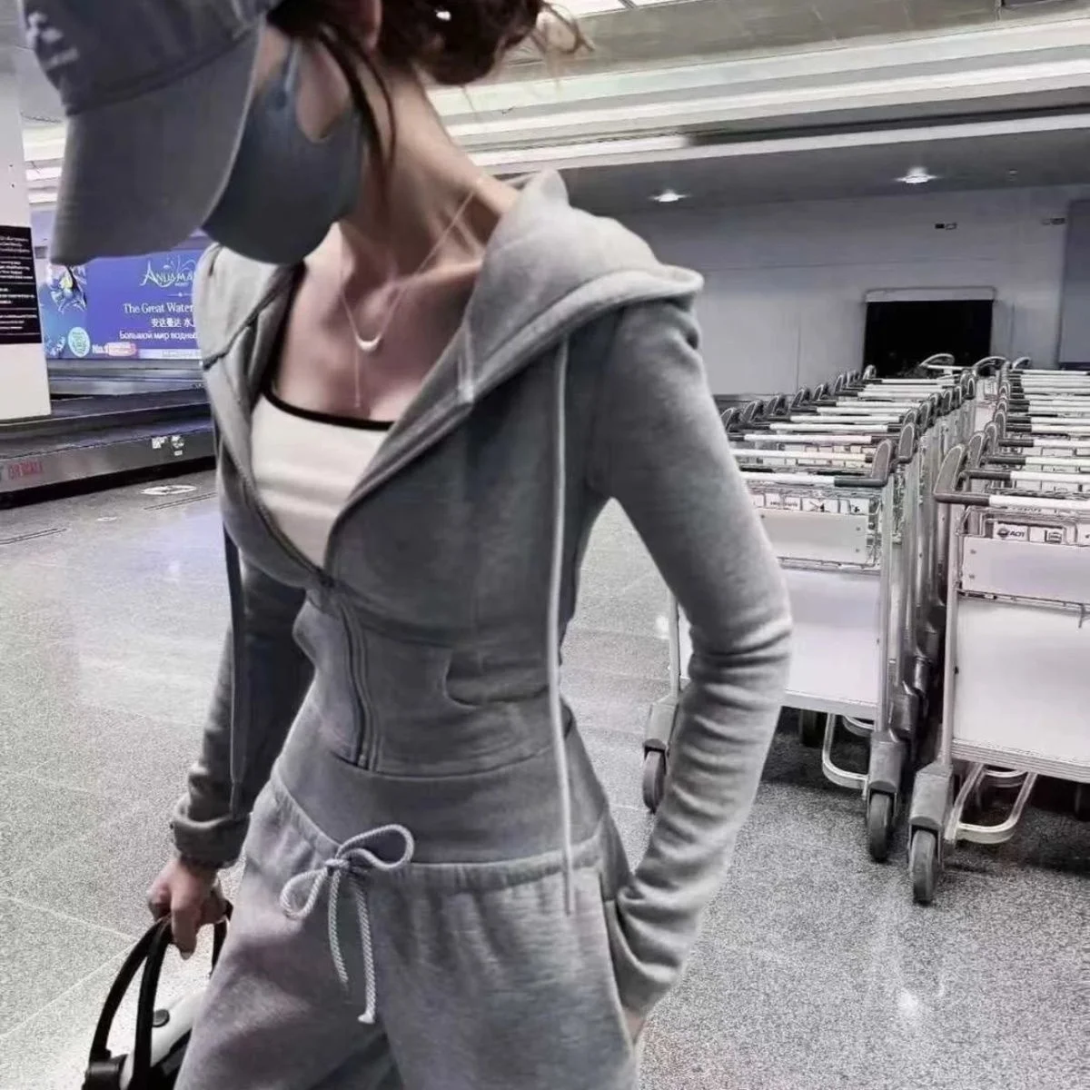 Women's Grey Y2K Edgy Tracksuit Set-Wide Leg Drawstring Pants & Lace-Up Back Hooded Top Slim-Fit Casual Streetwear Spring Autumn