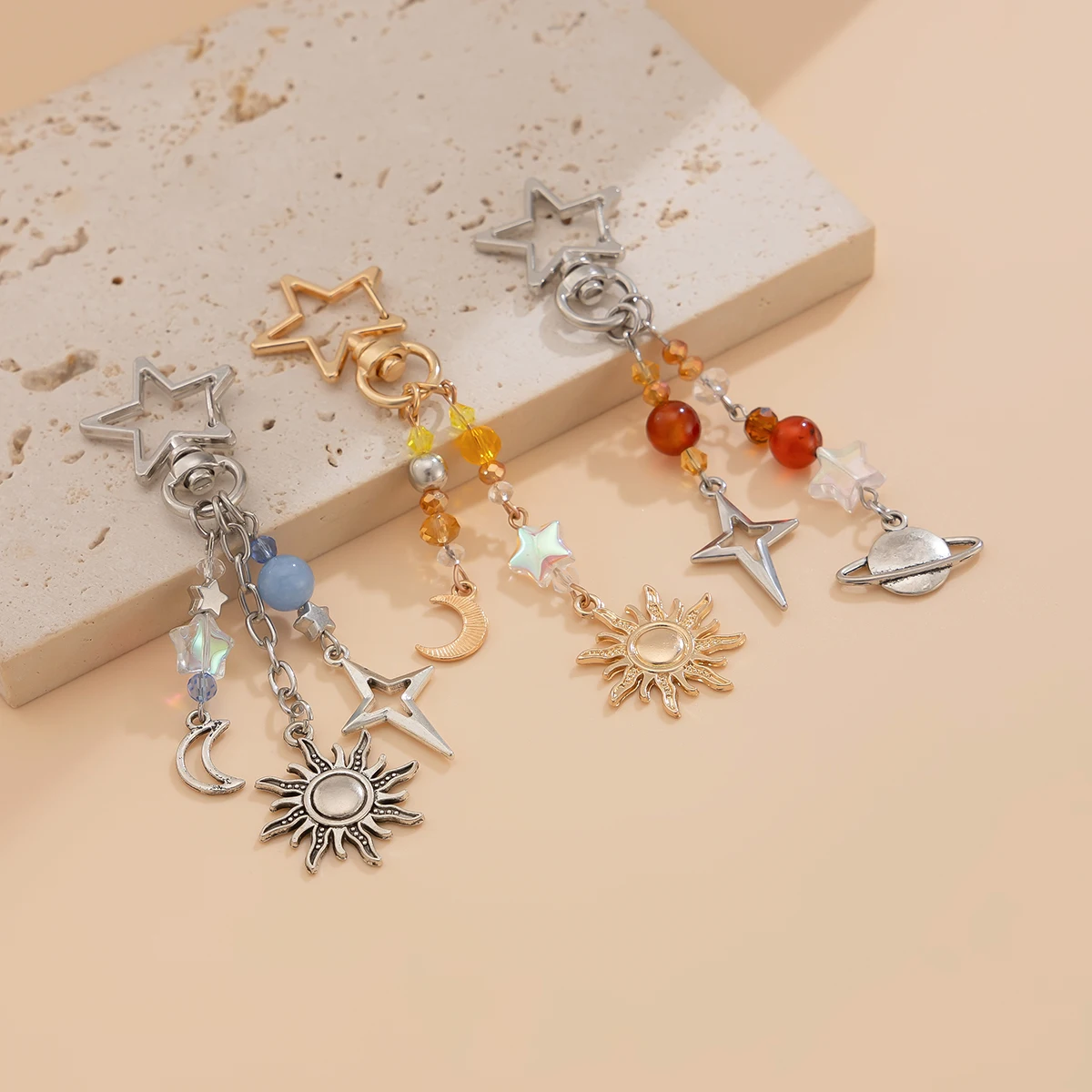 Ingemark 3Pcs/Set Punk Stars Moon Sun Pendant Bag Keychain for Women Boho Colorful Beads Key Ring Bag Chain Y2K Jewelry Gift New