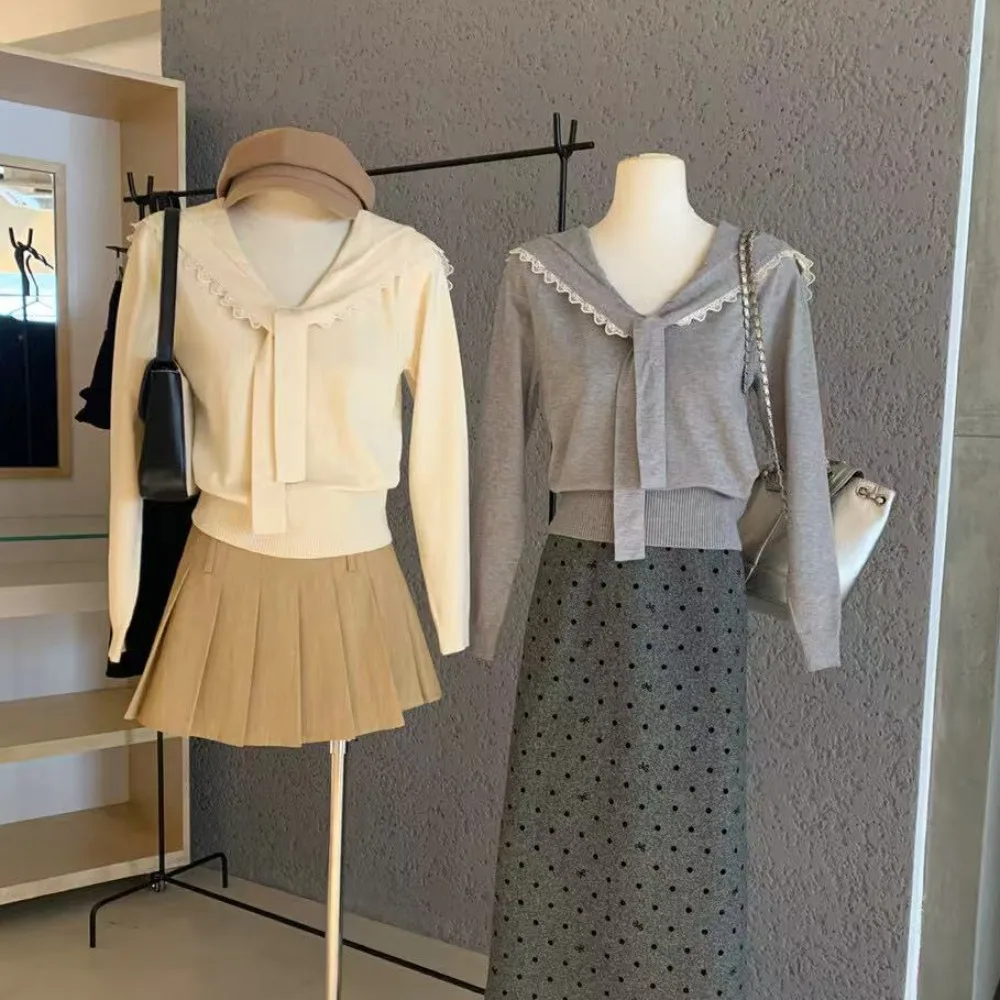 Suéter de punto ajustado largo Sve para mujer, cuello azul marino, pajarita, Top coreano Sle Floral College Sle, Otoño Invierno