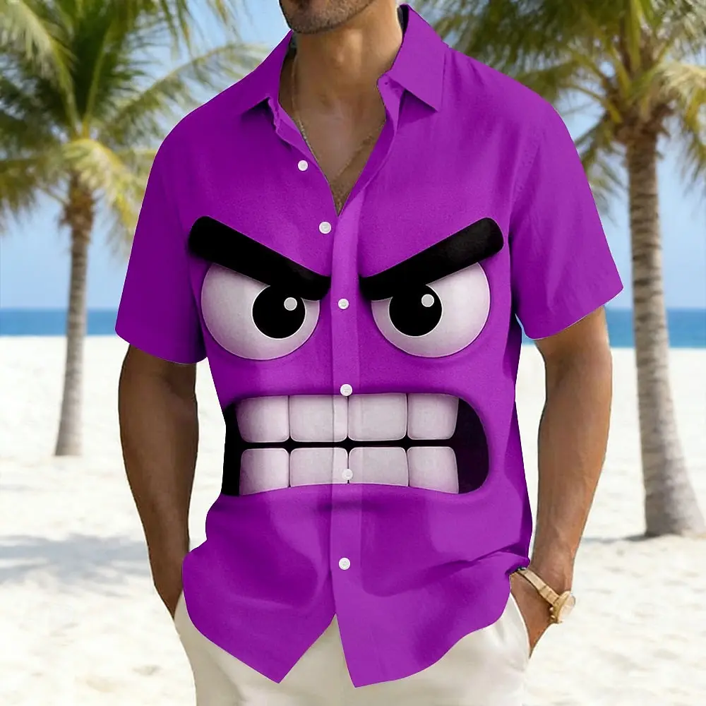 Men's Optical Illusion 3D Cartoon Angry Face Shirt Summer Shirt Button Up Shirt Short Sleeve Funny Outdoor Vacation Dailywear