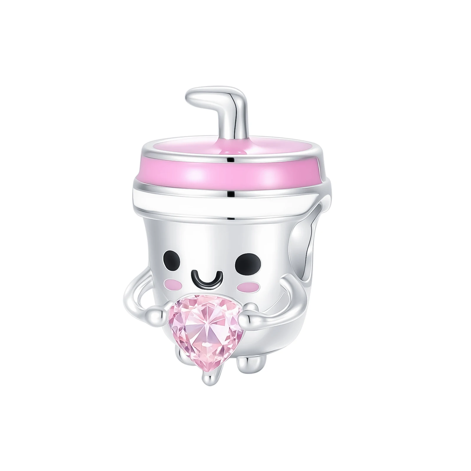 925 Sterling Silver Milk Tea Cup Charm Bead Pink Lid & Pink CZ Heart Kawaii Drink Cup Bead Fit DIY Charm Bracelets Jewelry Gift