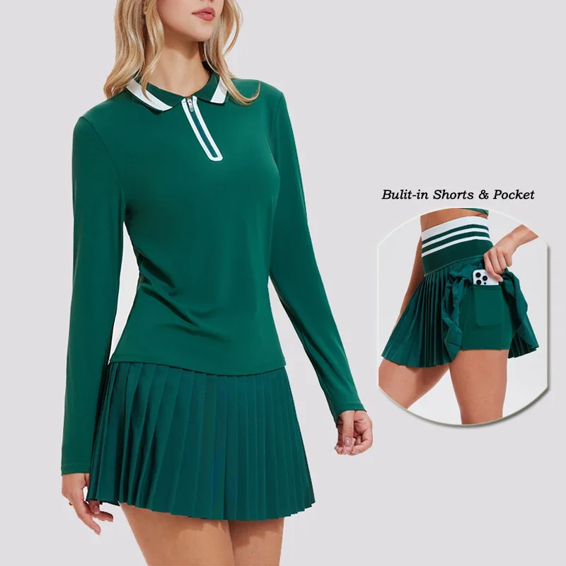 VITALINOVO تنورة التنس مجموعات للنساء سستة اللون كتلة قمصان عالية الخصر جولف بولو قطعتين تنورة مجموعة النساء 2 قطعة الزي #3