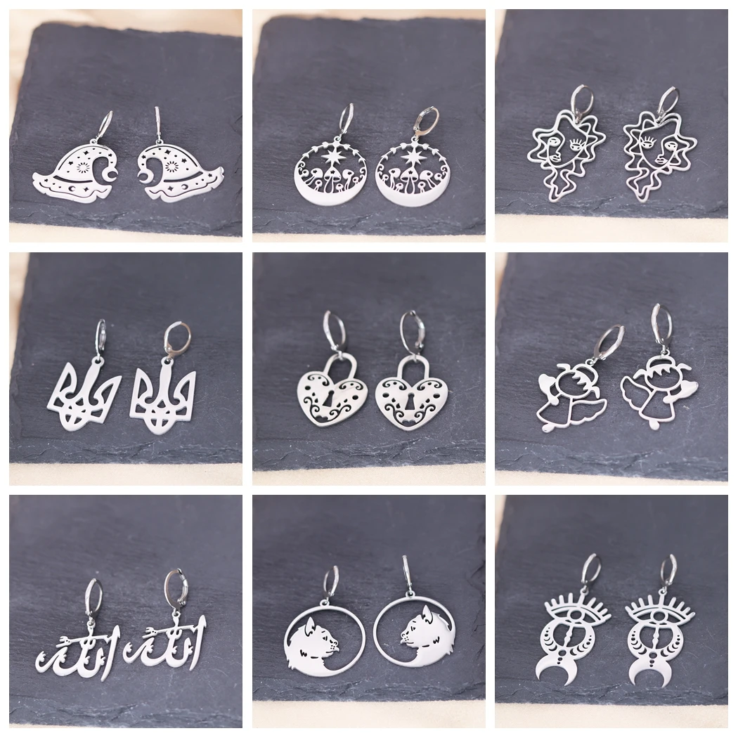 Kinitial-pendientes de acero inoxidable para mujer, Piercing de Tridente con cierre de corazón de Ucrania, Ángel, Buda, Yoga, joyería de moda