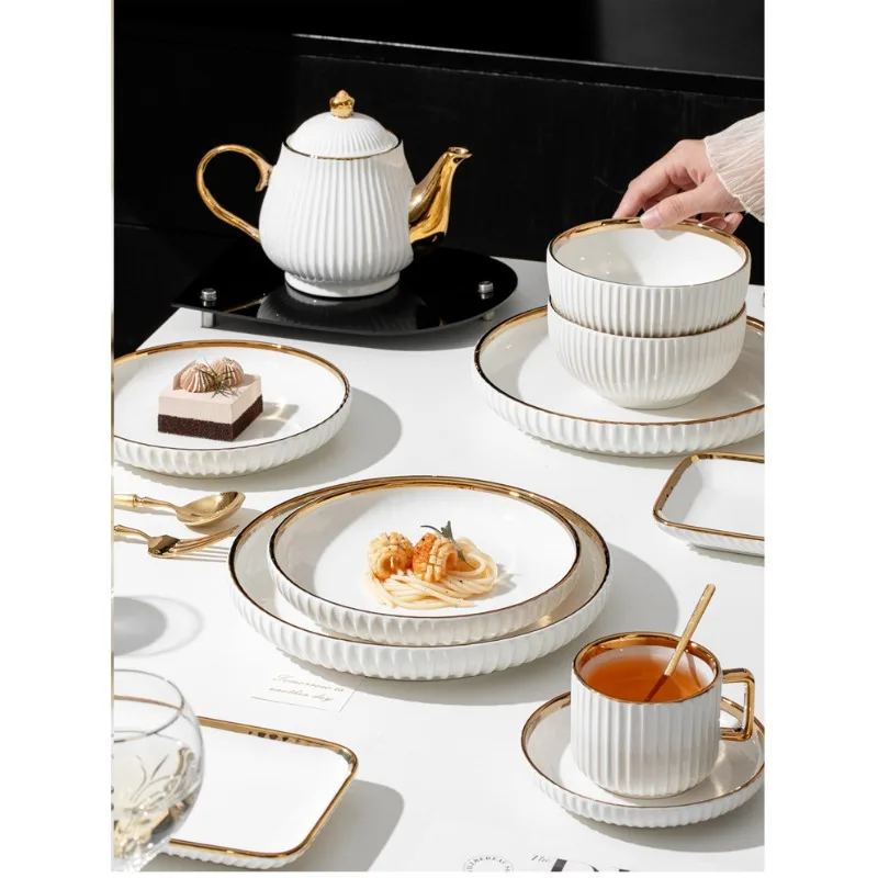 

Simple vertical striped bright white gold edge tableware set, light luxury and high-end sense, housewarming gift