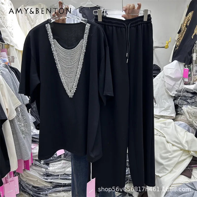 

Unique Design Sequined Deep V-neck Tees Fashion Cool Short-sleeved T-shirts Top + Elastic Waist Casual Wide-leg Pants 2pcs Set