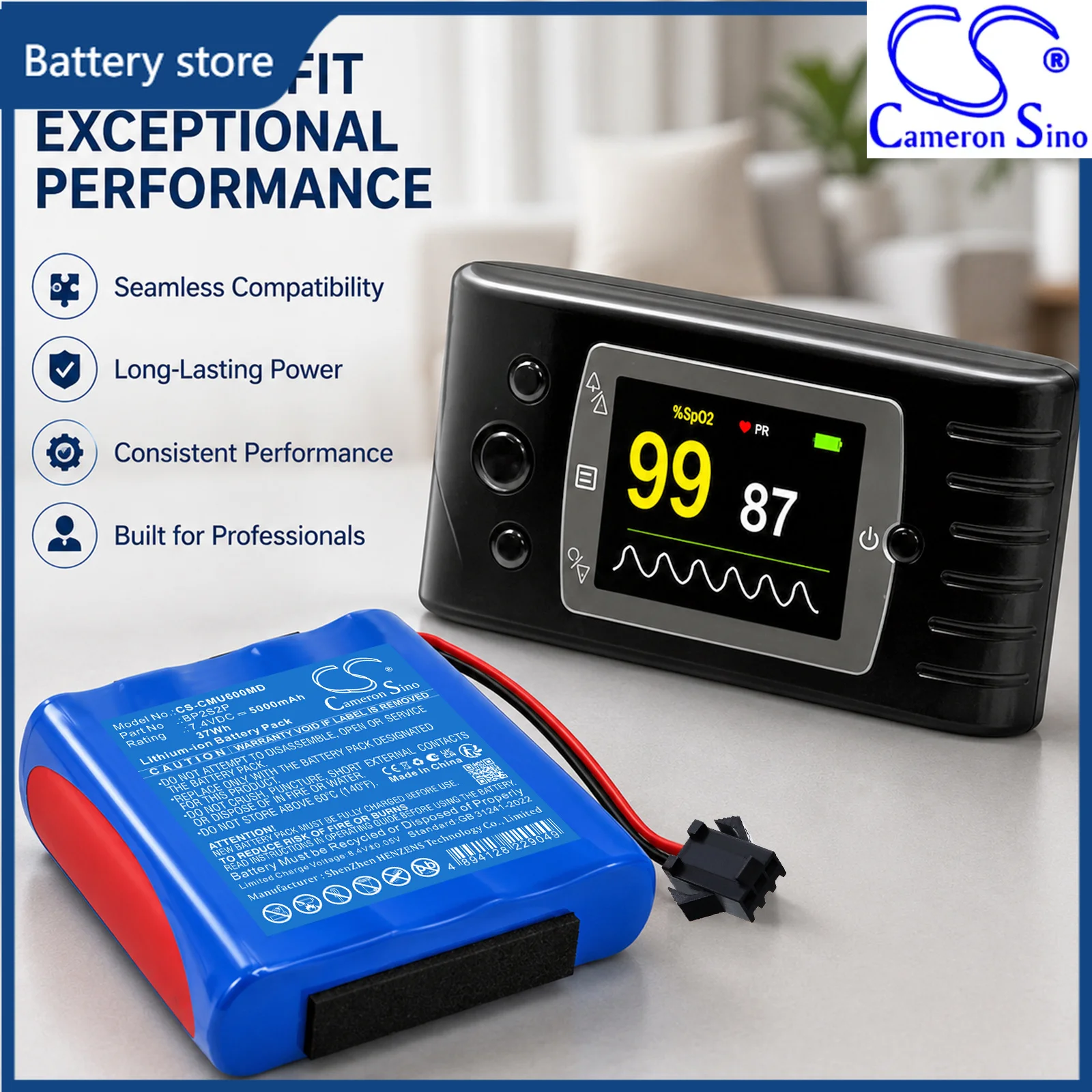 Replacement 7.4V 5000mAh Medical Battery for CONTEC CMS-60C Handheld Pulse Oximeter, CMS800, CMS900 Patient Monitor, CMS600P2
