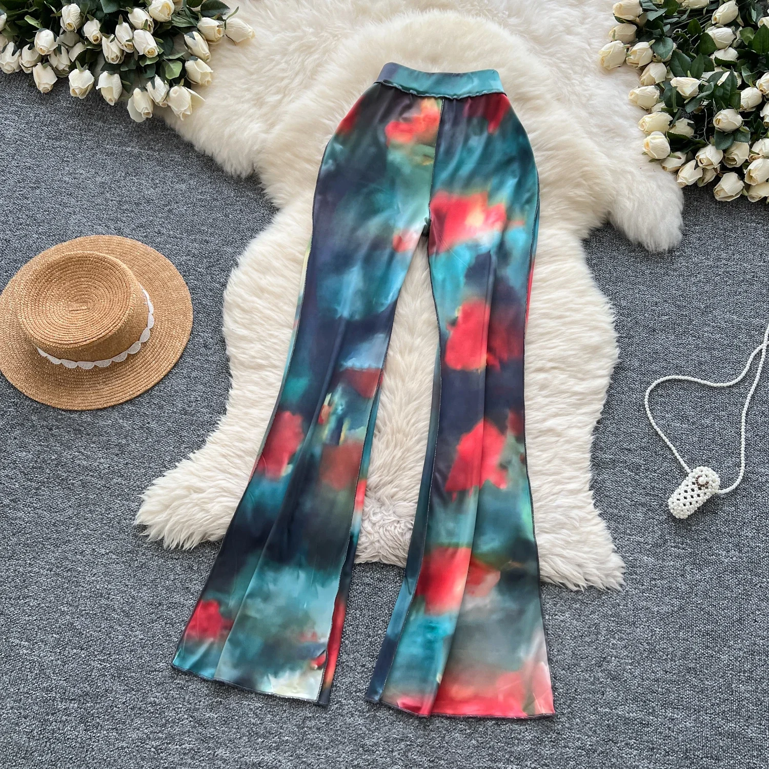 Casual Tie Dye High Waist Vintage Women Basics Print Chic Light Flare Pants Korean High Street Streetwear Autumn Winter Clothing