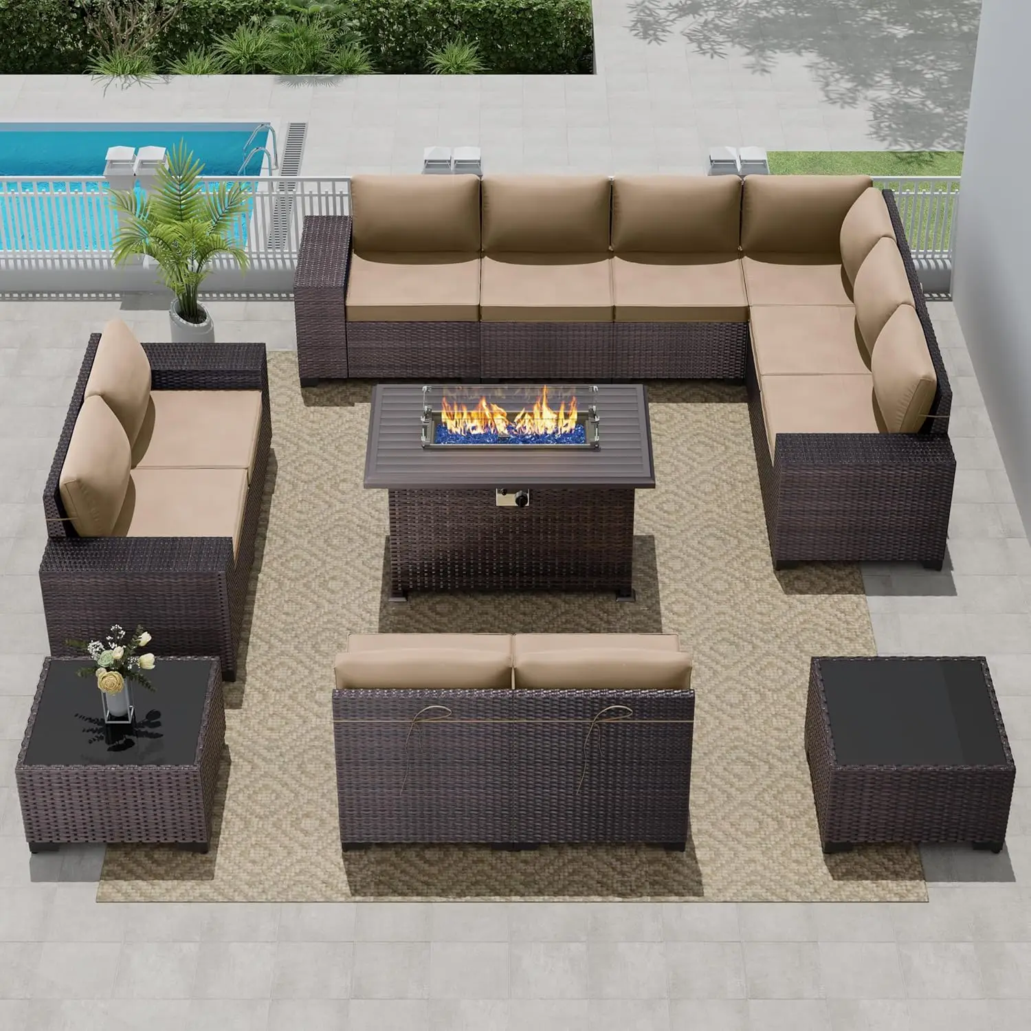 

Outdoor Patio Furniture Set with Propane Fire Pit Table, 13 Pieces Outdoor Furniture Patio Sectional Sofas Conversation Sets w/