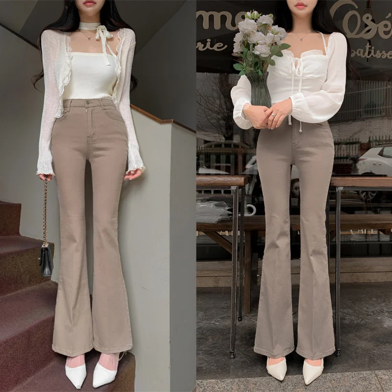 

Korean-style vintage khaki solid color women's jeans, new autumn high-waisted slim-fit stretchy micro-flared long pants, trendy