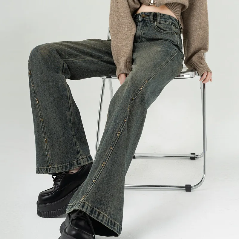 2024 Spring New Women's Vintage Rivet Pocket Fashion Casual Versatile High Waist Loose Denim Straight Leg Wide Leg Flare Pants