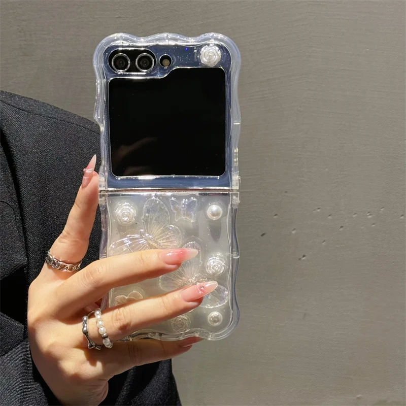 삼성 갤럭시 Z 플립 3 4 5 케이스 3D 만화 나비 팔찌 웨이브 삼성 Z Flip5 ZFlip5에 대한 명확한 충격 방지 커버