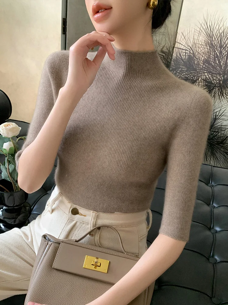 New Fashion Women Slim Mock Neck Half Sleeve Pullover Sweater Pure Color Basic Soft 100% Merino Wool Knitwear Spring Summer Tops