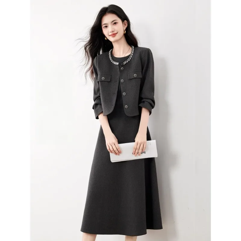 New Small Fragrant French Two Piece Set Women Autumn High End Fashion Beading Long Sleeve Short Coat + Sleeveless Dress Suit