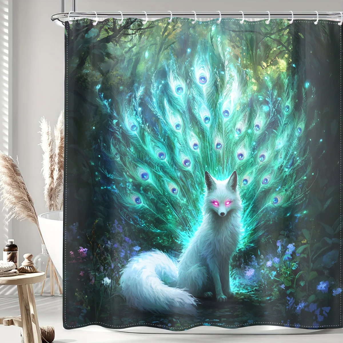 

1 шт., очаровательная занавеска для душа с павлином и белой лисой и крючками — дизайн «Волшебный лес», прочный полиэстер, можно стирать в машине, идеально подходит