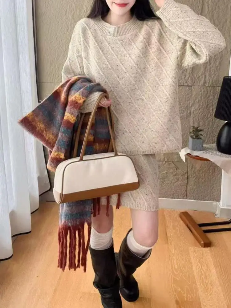 Francês outono inverno feminino sólido elegante em torno do pescoço manga comprida camisola curta malha topos e cintura alta mini saia conjunto de duas peças