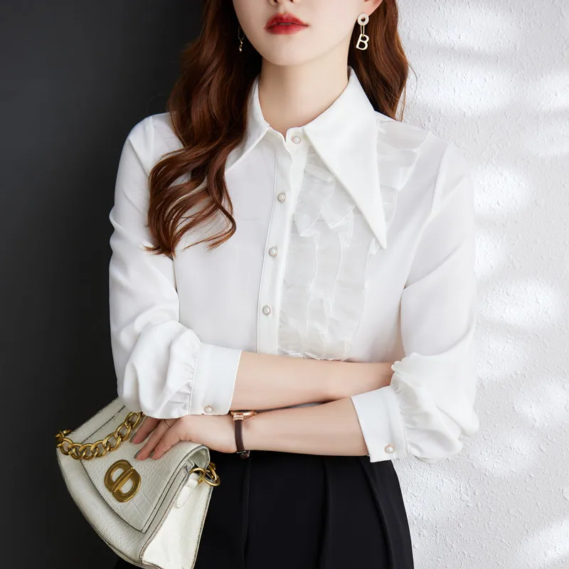 Khaki Long Sleeve Shirt Women Autumn New High End Fashion Temperament Formal Chiffon Blouses Office Ladies Work Tops White