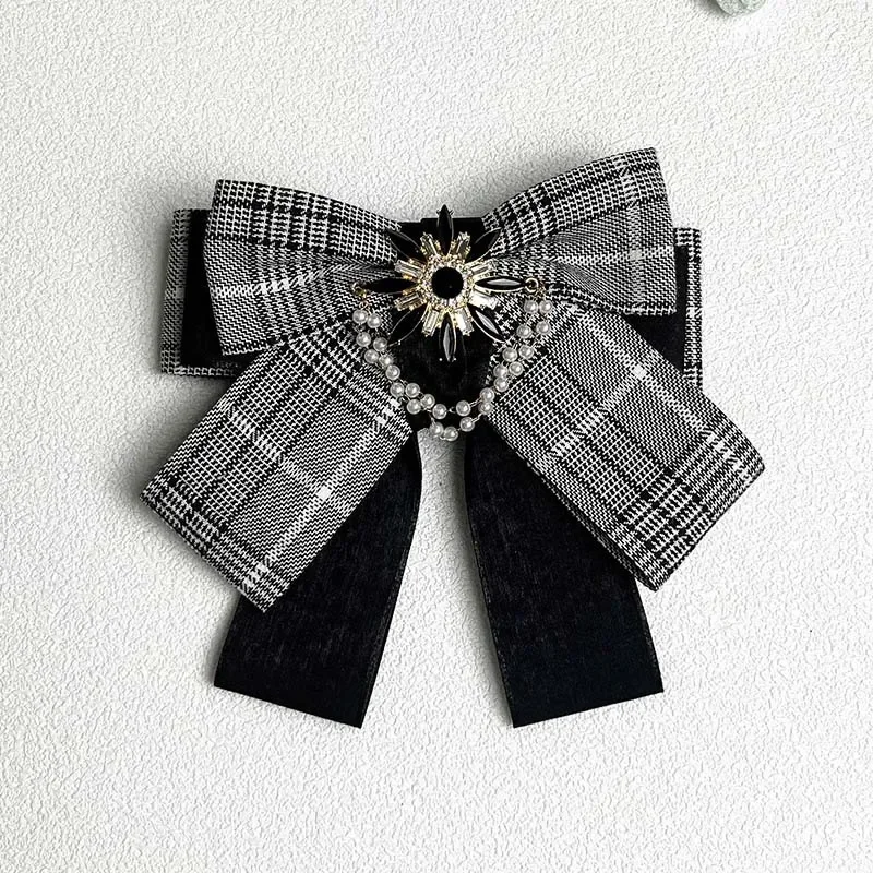 Fashion Bow Tie Fabric Plaid Double Bow Women's Shirt Collar Accessory Pearl Crystal Collar Brooch Apparel Accessories