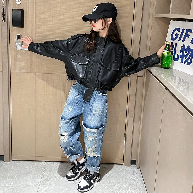 Girls Leather Jacket Autumn Trendy Cool Teenage Kids PU Outerwear Black Casual All-match Streetwear Kids Coats 10 12 13 14 Years