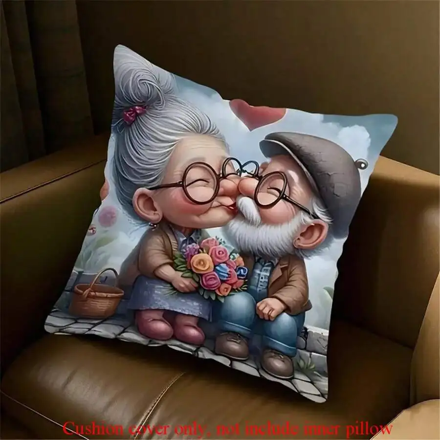 Funny Old Couple Cushion Cover Cartoon Grandma Grandpa Print Pillow Case for Home Decor Sofa Bedroom Novelty Gift