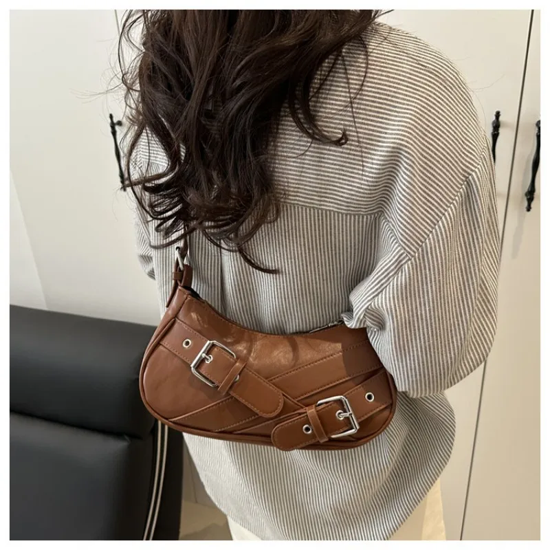 New Y2K Vintage PU Leather Shoulder Bag For Women Small Crossbody Bag Fashion Ladies Underarm Bag Belt Decor Handbag Clutch