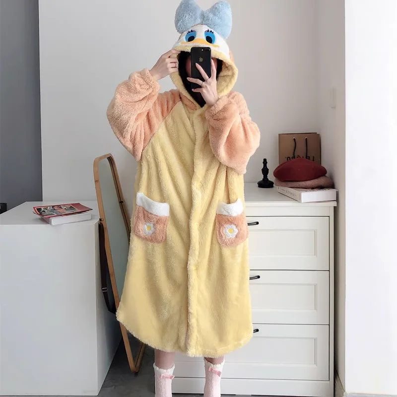 Donald Duck Pajamas Winter Pajamas New Women\'s Two-piece Set Hooded Long Sleeve Bathrobes Set Cartoon Disney Women\'s Pajamas