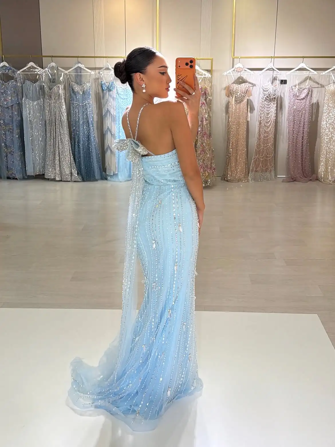 LumiGown 2026 Light Blue Halter Mermaid Bridesmaid Dress Full Rhinestones Back Bow Tulle Train Wedding Guest Formal Party Gown
