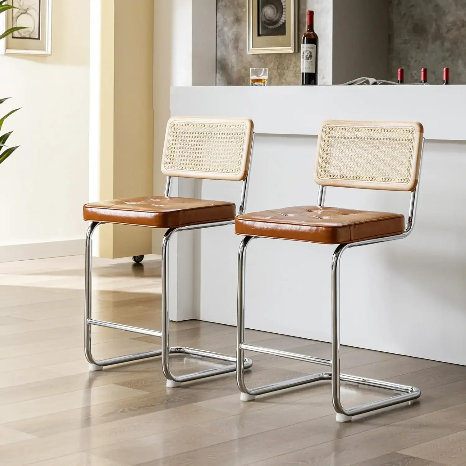 Modern Counter Height Stools, 24'' Natural Rattan Counter Stools Set of 2, Faux Leather Kitchen Stools with Backs, Brown