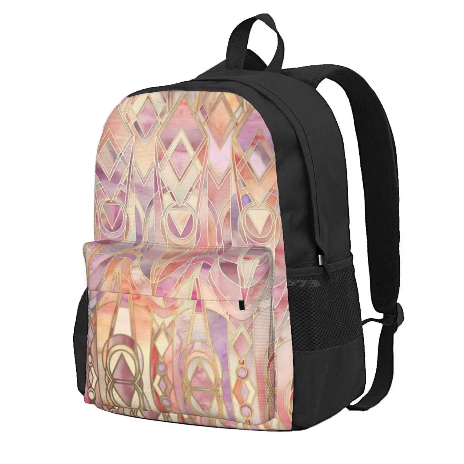 Glowing Coral And Amethyst Art Deco Pattern Hot Sale Schoolbag Backpack Fashion Bags Nouveau Cream Peach Pink Mauve Amethyst