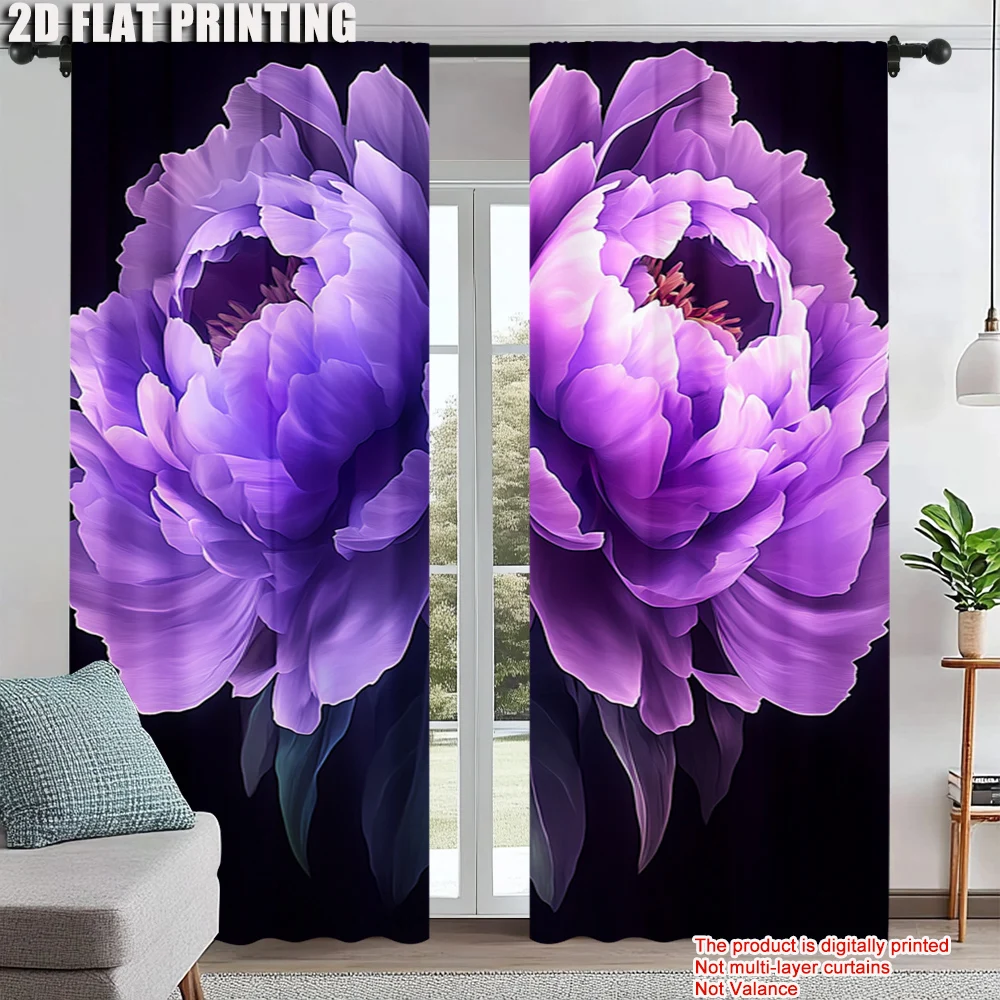 

2Pcs Purple Floral Print Light Filtering Curtains Rod Hole Design For Easy Hanging Perfect For Bedroom Living Room Office Home