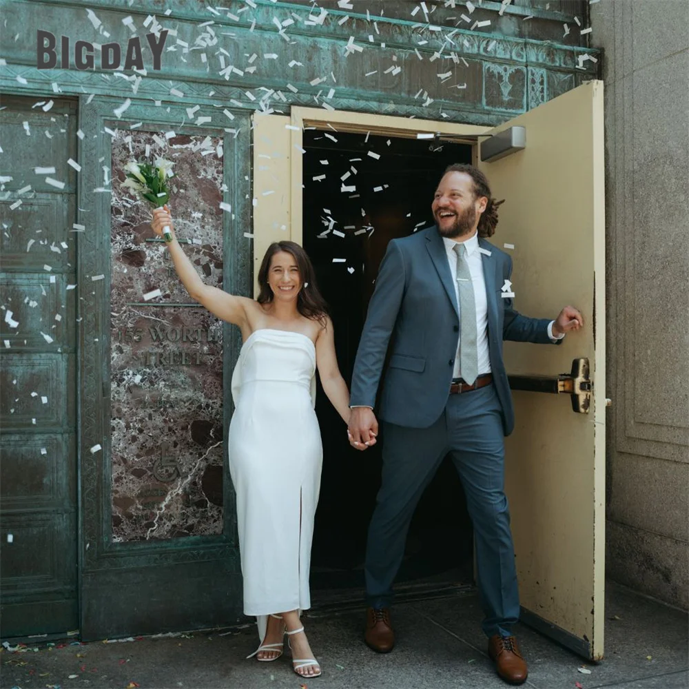 Elegante vestido de casamento curto sem alças plissado sereia fenda arco aberto volta 2025 vestido de noiva chá-comprimento vestidos de noiva personalizado