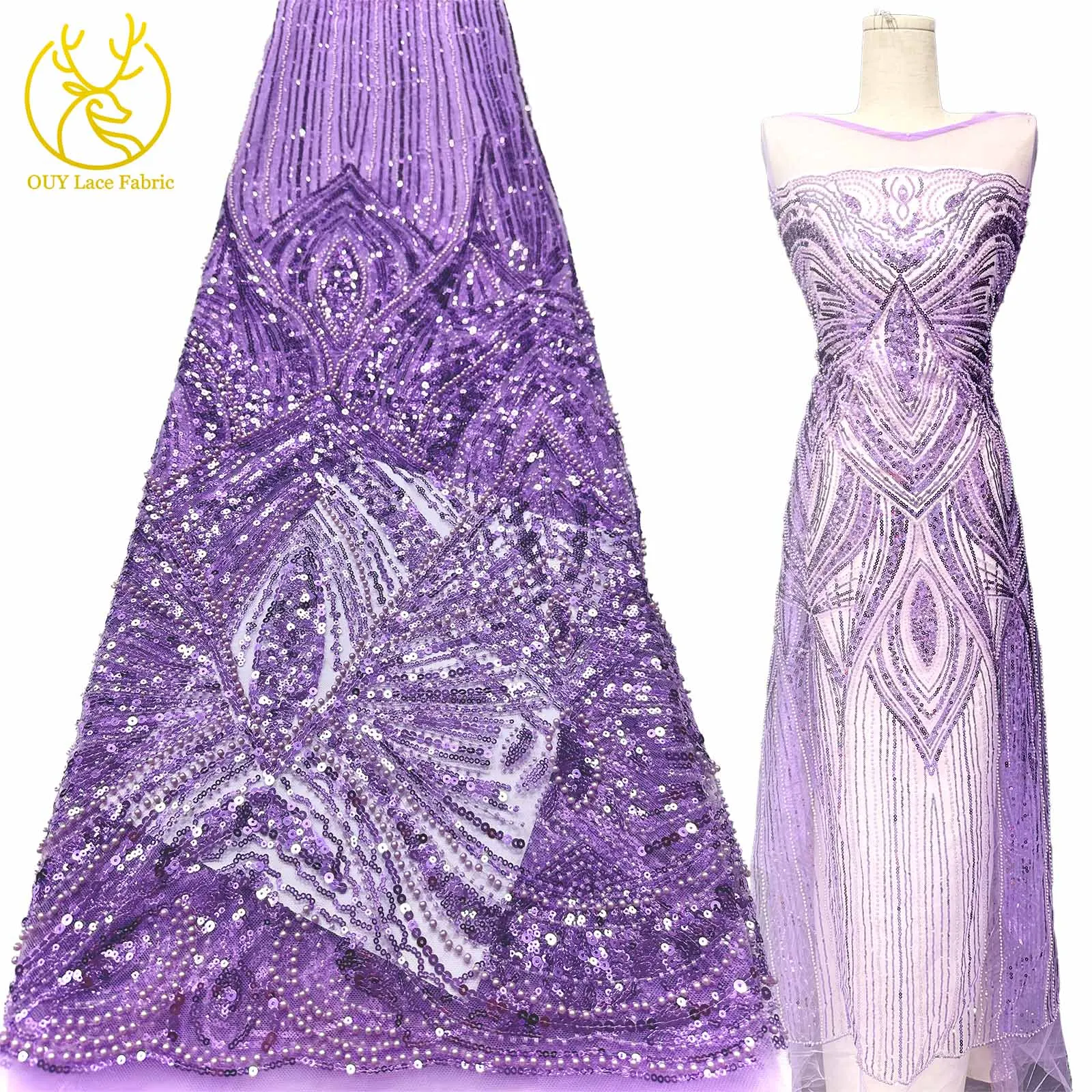 

Purple Latest Design African Beaded Sheer Lace Fabric 2025 French Mesh Sequined Embroidered Lace Fabric Bridal Wedding Dress
