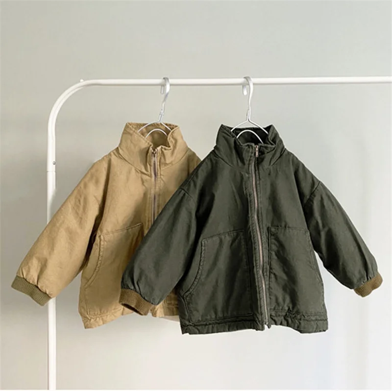 Winter Thicken Coats Boys Girls Warm Jackets Kids Fashion Loose Outwears Children Simple Zipper Cotton Clothing 1-6 Years