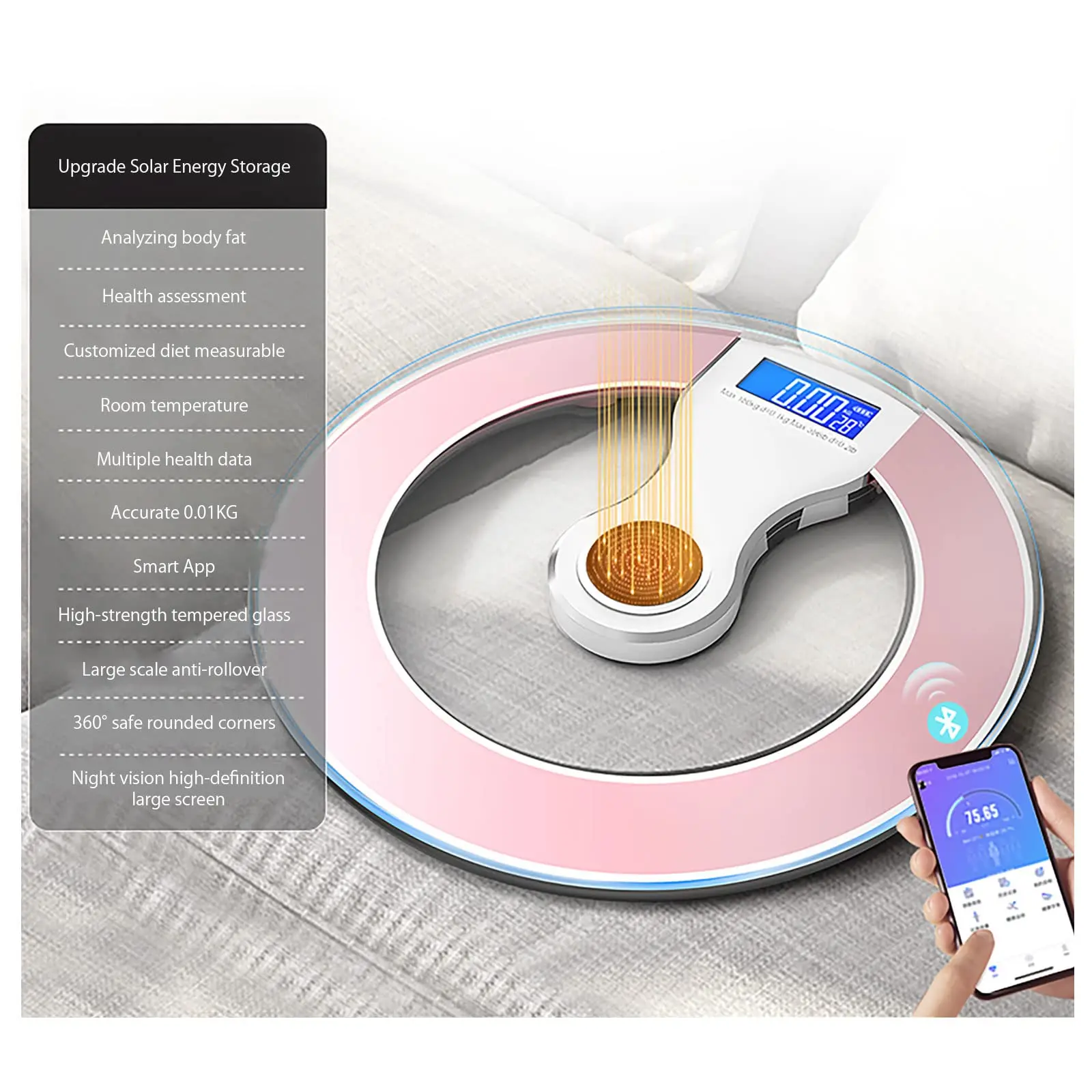 

Intelligent Weight Scale Automatic Charging Rechargeable Bluetooth LCD Display Light Energy Weight Measure Fat Calories Scale