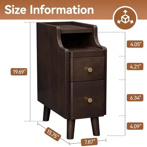 Nightstand, Pre-Assembled, 19.7“H Solid Wood Night Stand with 2 Drawers, Open Sliding Shelf, Mid Century Modern Small
