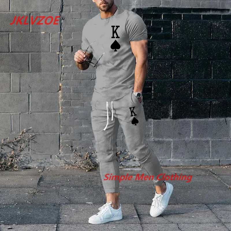 New Men's Trousers Tracksuit 2 Piece Set 3D Printed K Solid Color Short Sleeve T Shirt+Long Pants Street Clothes Male Clothing