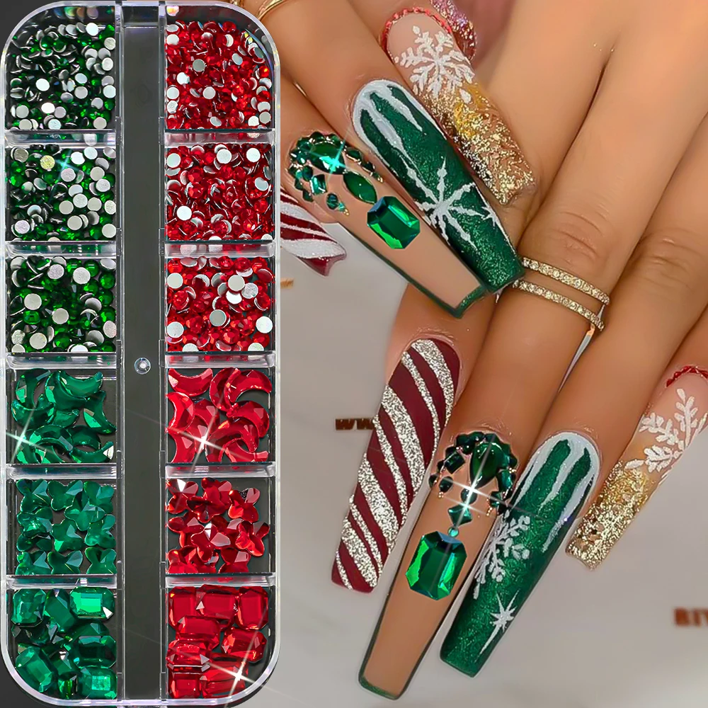 12 grilles de noël rouge vert, pierres précieuses pour ongles, strass à dos plat, papillon lune, forme ronde, cristal, diamant, accessoire de manucure