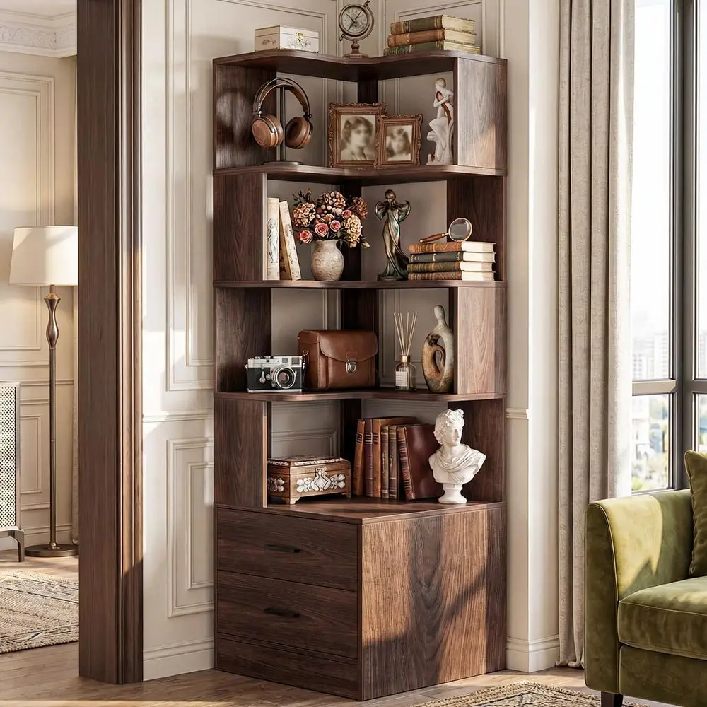 Corner Bookshelf with Drawers, 7 Tier Corner Book Shelf Display Bookcase, Freestanding L Shaped Bookshelf for Bedroom, Home Off