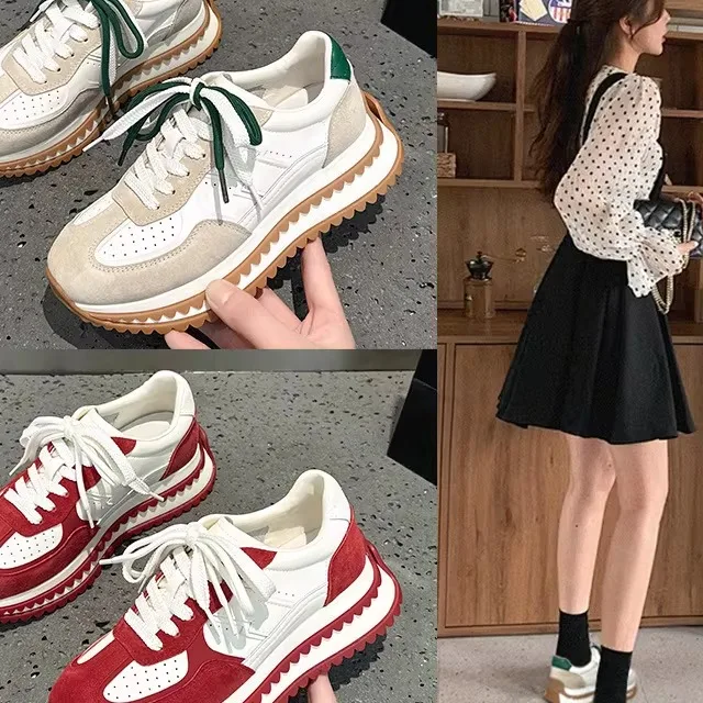 

Vintage Real Leather Women's Sporty Flat Shoes 'Little Waist' Design De Xin Dad Shoes Breathable round Toe Wave Bottom